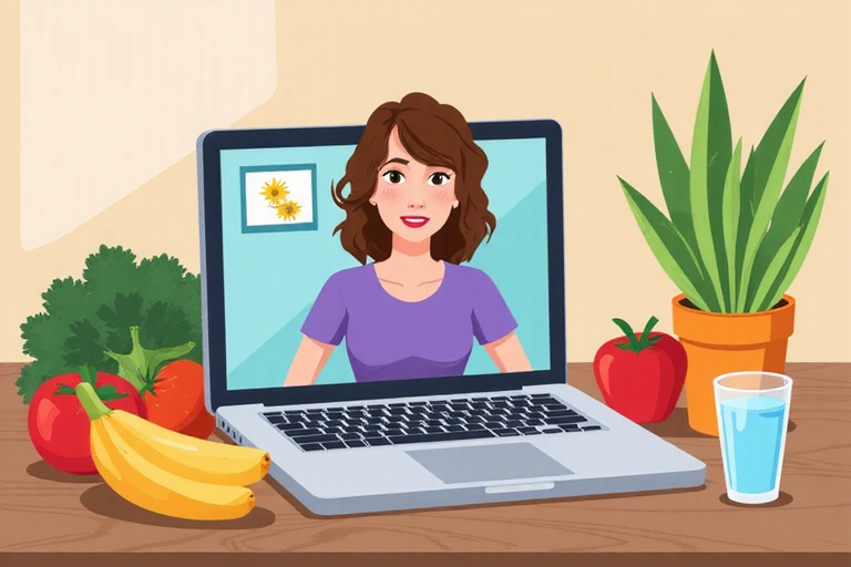 Ilustrace online konzultace s počítačem a zdravým jídlem